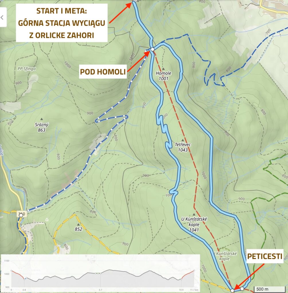 Mapa trasy narciarstwa biegowego nad Orlicke Zahori