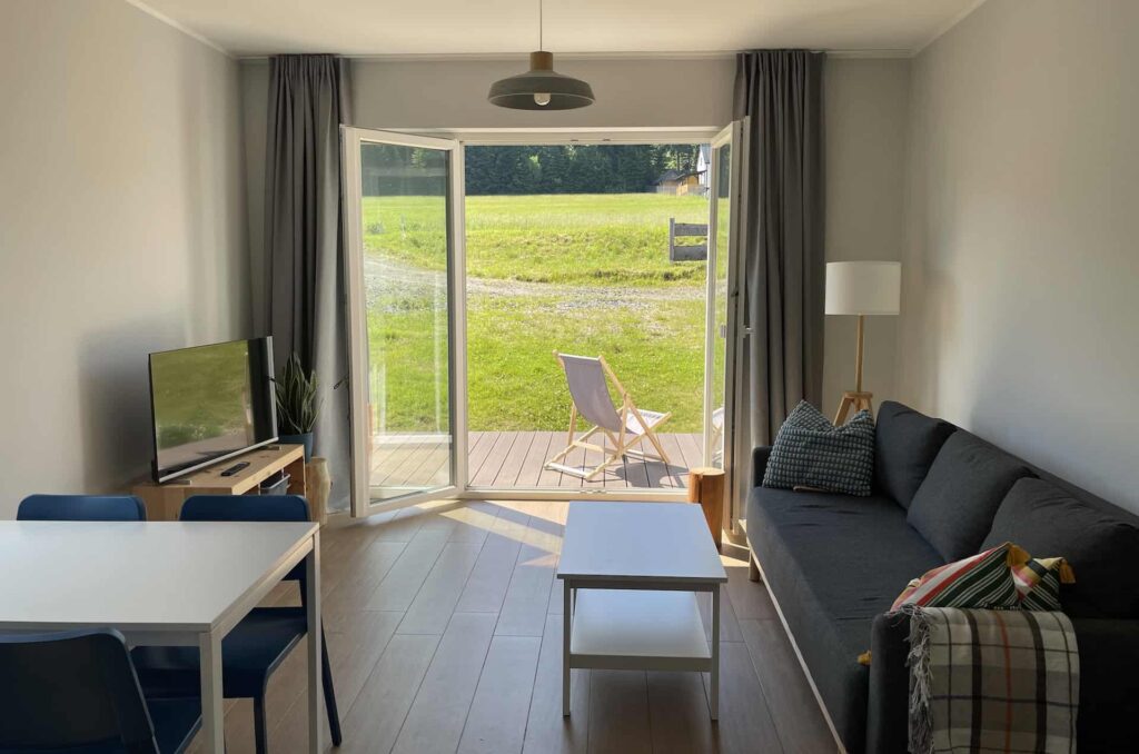 salon z kuchnią w apartamencie niebieskim