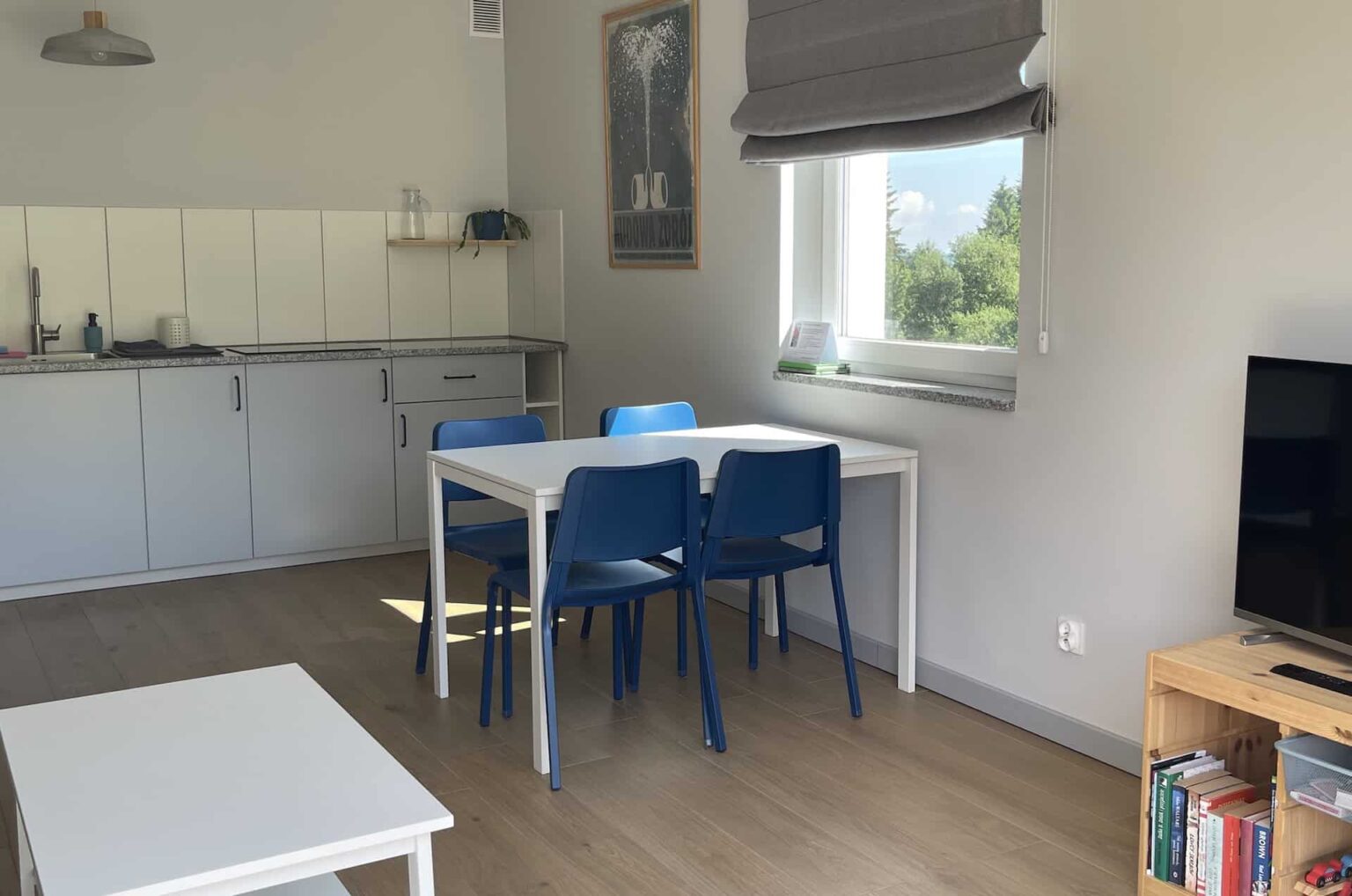 salon z kuchnią w apartamencie niebieskim widok na kuchnię